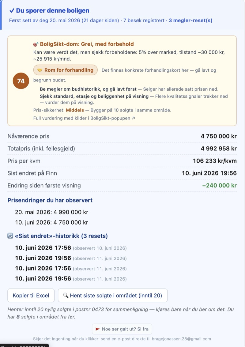 BoligSikt-panelet direkte på Finn-annonsen: prisendringer du har observert, «sist endret»-historikk med tre megler-resets og pris per kvm